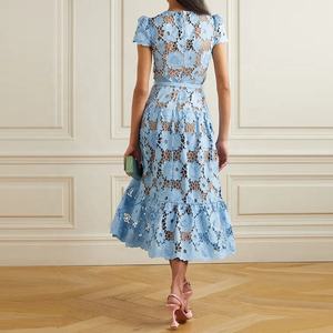 <span class=keywords><strong>Elegante</strong></span> Abito Lungo Casual Blu Cielo con Fiori Traforati, <span class=keywords><strong>Vestito</strong></span> Sexy da Donna con Scollo a O - Product Image 2