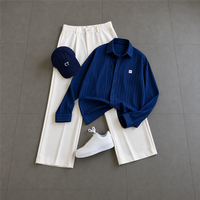 Set Kemeja Celana Pria Motif Garis Lengan Panjang Putih Celana Kaki Lebar Logo Formal Bahan Katun 100% Bernapas OEM ODM