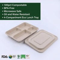 Boîte à lunch rectangulaire réutilisable en bagasse de canne à sucre à 4 compartiments, écologique, compatible micro-ondes, avec couvercle – Offre Spéciale