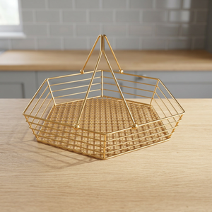 Cesta de Almacenamiento Geométrica de Alambre Dorado con Asa, Diseño Minimalista en Forma de Polígono para Organización de Cocina, Tipo Vertical - Product Image 1