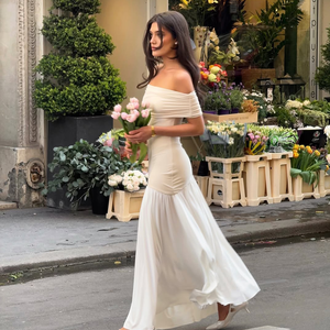 Của phụ nữ lãng mạn sang trọng màu be satin giống như off-vai Ruched Ngắn Tay Áo Bodycon nàng tiên cá maxi dịp đặc biệt Ăn mặc - Product Image 3