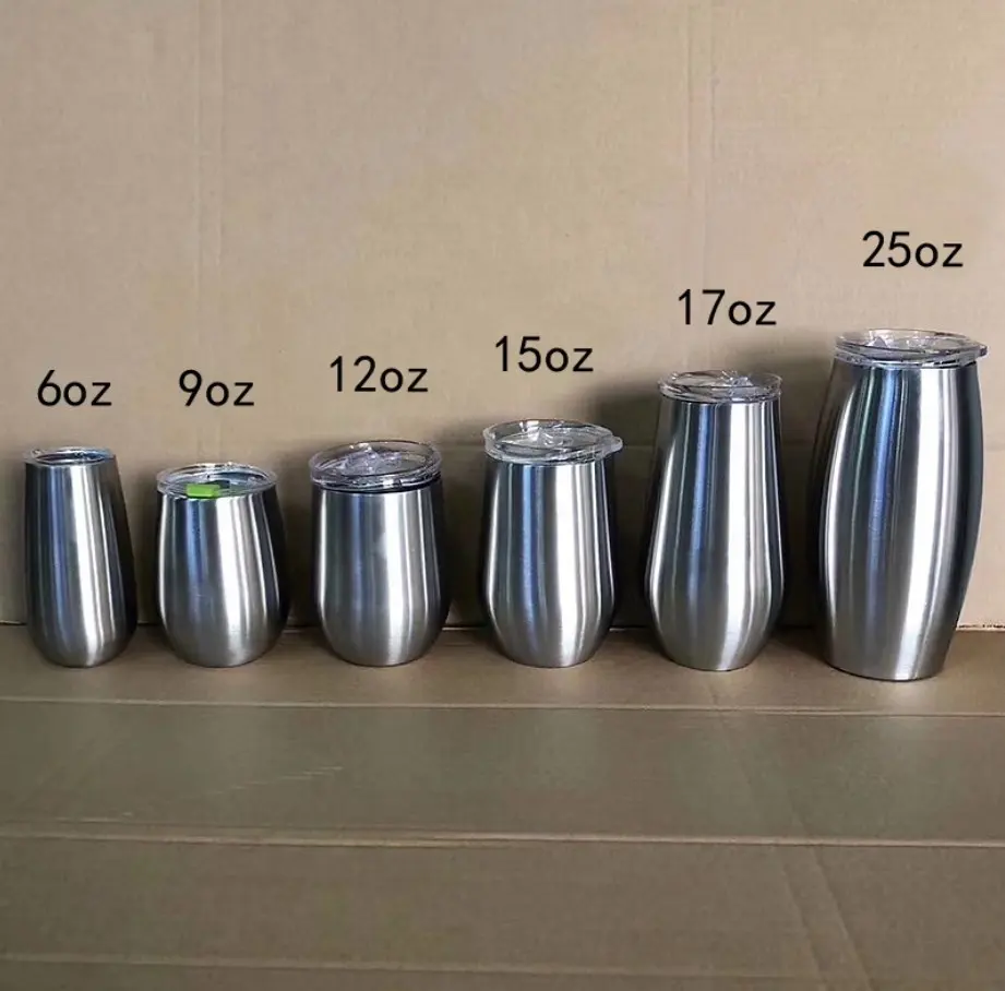 8oz 12oz Customized vacuum egg Shape mugs stemless insulated stainless steel double wall wine tumblers cups with straw lids