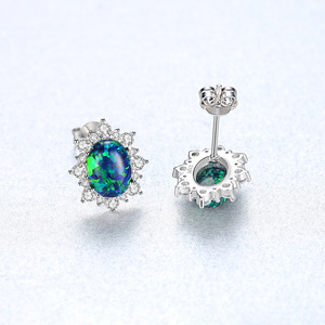 Luxury Classic 925 <b>Silver</b> Opal <b>Stud</b> <b>Earrings</b> With Round Brilliant Cut Diamonds Flower Shape Women's Everyday Wear Jewelry - Product Image 5