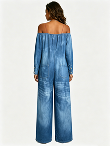 Combinaison <span class=keywords><strong>en</strong></span> <span class=keywords><strong>jean</strong></span> délavé à épaules dénudées pour femme, sexy, boutonnée, style streetwear, moulante, tenue une pièce tendance - Product Image 5