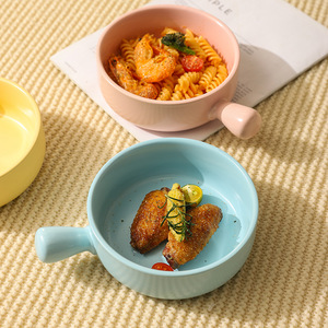 Free shipping, high-quality ceramic bowl with handle, cute solid color, dessert bowl, short-handled salad bowl, <b>microwave</b> safe. - Product Image 1