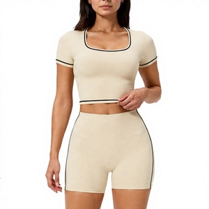 Women's 2 Piece Yoga Set Square Neck Crop Top High Waist Shorts Solid Color Contrast Binding Seamless Spandex Nylon Quick Dry - Product Image 1