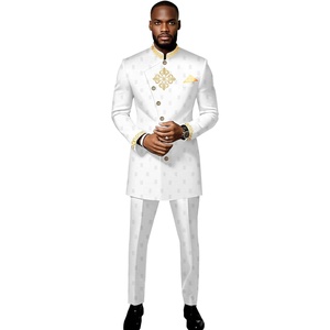 Ensemble 2 pièces GUYAWAX pour <span class=keywords><strong>homme</strong></span>, tendance, coupe ajustée, en polyester, haut à manches longues et pantalon, col montant, boutons obliques, style africain - Product Image 5