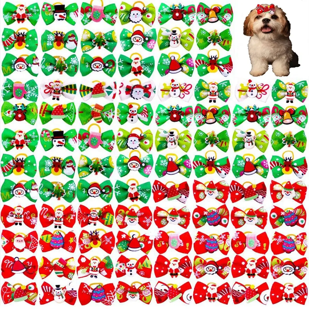 Christmas Decoration Dog Bows Bands Pet Hair Bows for Small Dogs Girls Hair Accessories Gifts Pet Grooming Products with Rubber