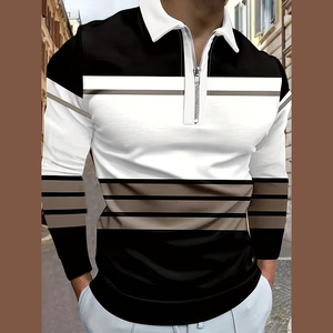 Camisa de <span class=keywords><strong>Manga</strong></span> <span class=keywords><strong>Larga</strong></span> con Cuello con Cremallera, Rayas Coloridas y Diseño Geométrico, Camisas <span class=keywords><strong>Polo</strong></span> Modernas con Cuello para <span class=keywords><strong>Hombre</strong></span> - Product Image 1