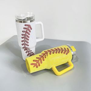 Taza de café de viaje de acero inoxidable con aislamiento al vacío de 40 oz, con asa y pajita, con estampado integral de béisbol y adornos de diamantes de imitación - Product Image 3