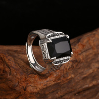 Bague ouverte vintage en argent sterling 925 avec onyx noir, design arabesque, taille ajustable, pour homme, style rétro turc, bijoux tendance