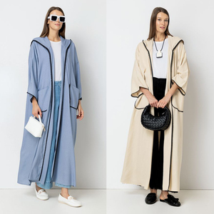 Custom Patch Pocket Kimono Coat Zipper Abaya Muslim <strong>Hooded</strong> Oversized Open Abaya With Lace Details - Product Image 1