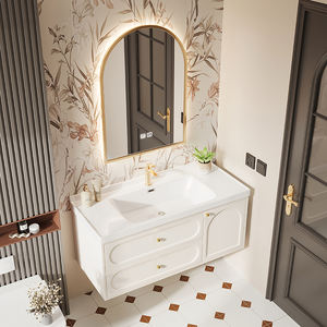 Meuble-lavabo double mural flottant de luxe moderne avec éclairage, finition laquée céramique, rangement en contreplaqué et miroir intelligent - Product Image 1