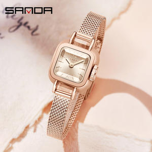 Montre-bracelet à quartz Sanda 1117 pour femme, cadran carré, bracelet en cuir, étanche, en acier inoxydable doré, tendance - Product Image 3