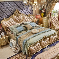 Lit double en bois massif de style européen en cuir véritable 1,8 m, design noble doré sculpté avec strass, fonction démontable, pour chambre à coucher