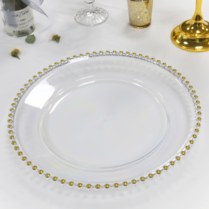 Assiettes de présentation rondes réutilisables de 13 pouces en plastique transparent avec perles dorées, durables, pour mariages et fêtes, vente en gros - Product Image 1