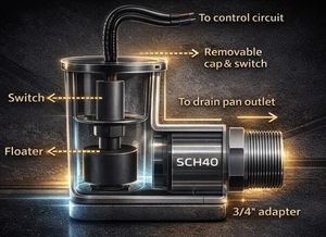 สวิตช์เซ็นเซอร์น้ำล้นแบบลอยตัว 24V AC สำหรับระบบ HVAC วัสดุ PVC พร้อมเกลียวขนาด 3/4 นิ้ว สำหรับถาดรองน้ำ พร้อมระบบแจ้งเตือนระดับน้ำ - Product Image 4