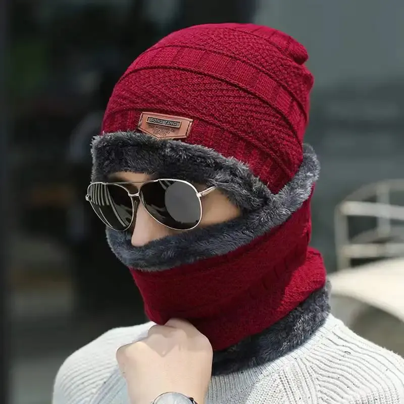 Superventas espesar invierno cálido sombrero conjunto Beanie Crochet cepillado a prueba de viento parejas bufanda de punto pañuelo con capucha