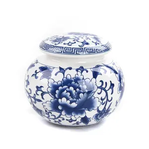 Blauwe En Witte Bloemen Vintage Chinese Stijl Luchtdichte Keramische Theebus