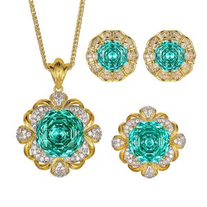 Elegance Fashion Eco-friendly Copper 16-14MM Green Zircon Gold Plated Floral Pendant <b>Earrings</b> Set Italian Jewelry Sets - Product Image 1
