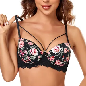 BINNYS Women'S Thin Lingri Panty Sets Lovely Girls Cute Floral Push Up Fancy Lace Bra Sexy Ladies Pictures With Strappy Details