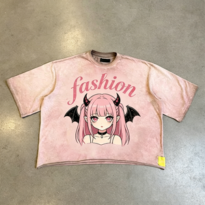 T-shirts pour femmes OEM, style vintage délavé, imprimé graphique anime et dessin <span class=keywords><strong>anim</strong></span>é, col ras du cou court, manches courtes, streetwear Y2K, t-shirts courts personnalisés - Product Image 3