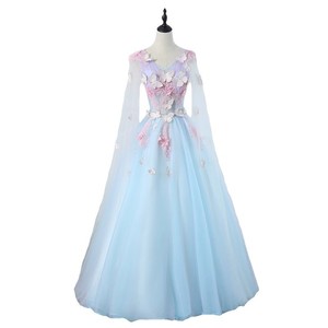 Sky Blue V-Neck Empire Waist Formal Dress With 3D Floral Embellishments For Annual Meeting Performance - Product Image 5