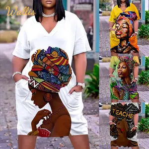 Fashion Gaun Gadis Hitam Afrika Bohemian 3D Tshirt Lengan Pendek V-Neck Lutut Pesta Malam Midi Pantai Ukuran Plus Gaun Wanita