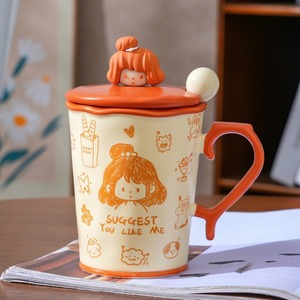Ensemble de tasses en céramique de dessin animé avec couvercle et cuillère 480 ml résistantes à la chaleur, design couple, pour cadeau - Product Image 6
