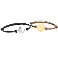 Bracelet de couple réglable gravé avec un disque en fer électroplaqué poli et un cordon en cuir tressé ciré pour anniversaire