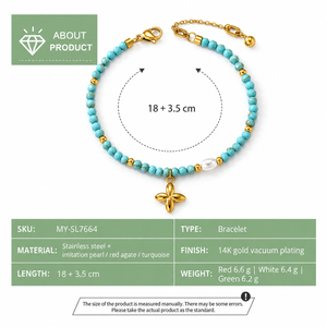 Stainless Steel Beaded Bracelet, Gold <b>Tone</b> Turquoise, <b>Red</b> or White with Faux Pearl and Flower Charm, Adjustable 18+3.5 cm - Product Image 4