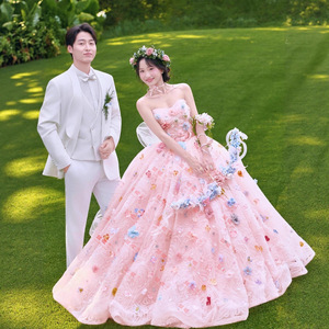 Sweet Strapless Ball Gown Wedding Dress Empire Waist Pink Colorful Floral Outdoor Photoshoot Couple Outfit - Product Image 2