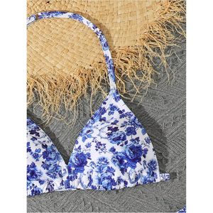 FOXA Girl's 3 Piece Floral Print Halter <b>Bikini</b> <b>Set</b> With Cover Up Beach Skirt Swimwear For Girls Stretch Spandex Polyester - Product Image 3