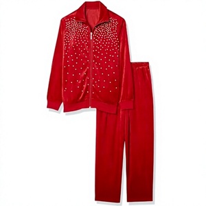 Conjunto de Dos Piezas de Chándal de Terciopelo con Pedrería Personalizado al por Mayor, Chaqueta con Cremallera y Pantalones de Lujo para Mujer - Product Image 4
