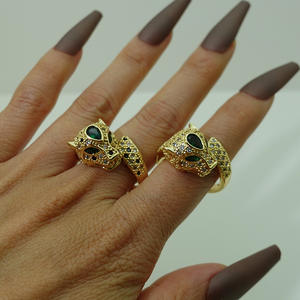 Bague ouverte <span class=keywords><strong>de</strong></span> luxe Hiphop 18K plaquée <span class=keywords><strong>or</strong></span>, anneau réglable en Zircon et léopard - Product Image 3