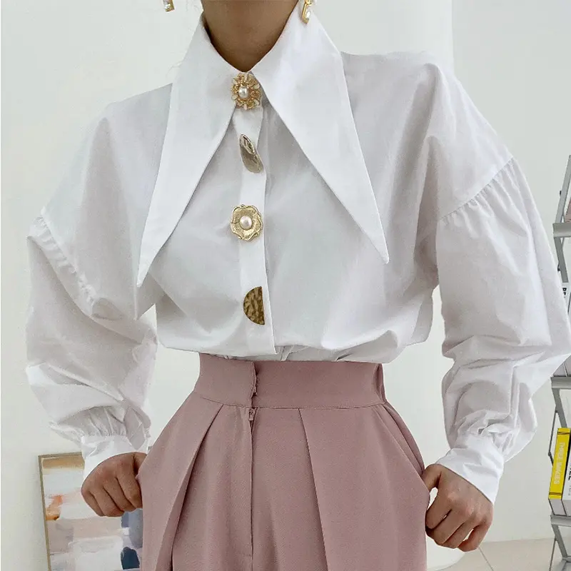 High-End-Chic-Shirt Perlen knopf Design lose Puff ärmel Bluse Tops für Frauen