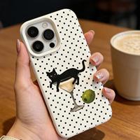 Coque de téléphone portable antichoc en cuir souple à pois noirs motif chat mignon pour iPhone 14 18 16 17 Pro Max