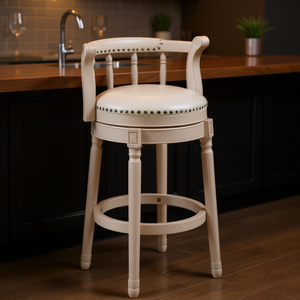 Taburete de Bar de Madera y Cuero Blanco de 29.5 Pulgadas, Diseño Tradicional, Base Estable, Mueble Comercial - Product Image 2