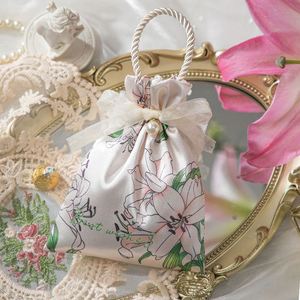 High-End Satin Wedding Gift <b>Bag</b> with Drawstring 14x16cm Flower Patten Reusable Satin Handle Pouch Candy for Wedding Gift - Product Image 5