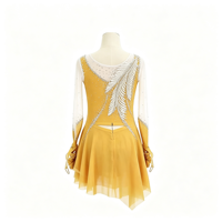 Robe de patinage artistique jaune doré à manches longues en maille avec strass, jupe irrégulière pour enfants et adultes, pour compétition et performance