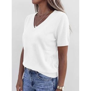 Womens Short Sleeve V Neck Sweater Lightweight Casual <b>Top</b> Summer Breathable Knitwear For Women - Product Image 3