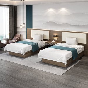 Inexpensive Hotel Twin <b>Bed</b> Set Customized King <b>Queen</b> <b>Size</b> Solid Wood Platform <b>Bed</b> <b>Frame</b> with Upholstered Headboard & Nightstands - Product Image 1