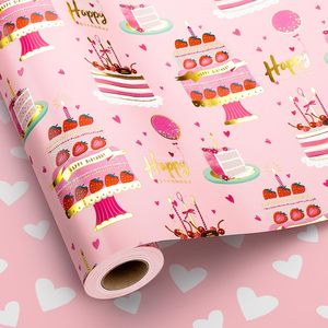 <b>Pink</b> Birthday Gift <b>Wrap</b> Roll 17x33 Feet Metallic Foil Cartoon Cakes Happy Birthday Design For Girls Party Craft Use - Product Image 1