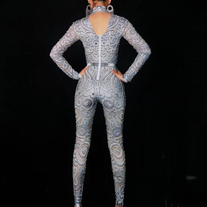 Body da Cantante Sexy con Strass Floreale, Aderente a Maniche Lunghe, Abbigliamento da Club, Tuta Slim da Donna per Danza, Serate e Spettacoli - Product Image 2