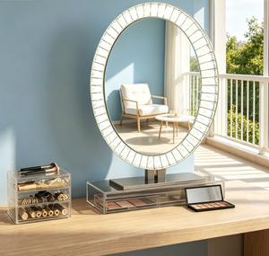 Miroir LED mural à commande tactile, style Art Déco moderne, éclairé, anti-buée, avec lumière de maquillage pour salle de bain - Product Image 1