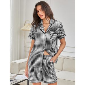 Ensemble pyjama 2 pièces en coton à carreaux pour femme, manches courtes, boutonné, vêtements de détente, vêtements de nuit, été - Product Image 3