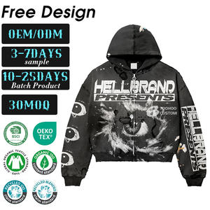 Custom Unisex Cropped Distressed Heavyweight French Terry Acid Washed Rhinestone Printed <b>Waterproof</b> <b>Hoodie</b> Sweatpants Set - Product Image 1