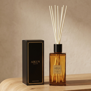 Aikun Small Order 3 Day Sample 7 Day Ship 270 Milliliter Amber Square Glass Reed <b>Diffuser</b> Gift Set with Black Gold Box Any Scent - Product Image 1