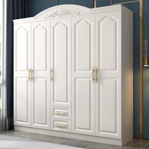 European Style <b>Wardrobe</b> Six Door White Wood With Drawers <b>Large</b> Capacity Bedroom Storage Cabinet - Product Image 2
