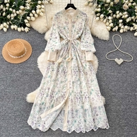 Robe décontractée pour femme WIWT, élégante, à imprimé floral, col en dentelle, manches longues, coupe trapèze, avec ceinture à nouer, pour tous les jours et les vacances